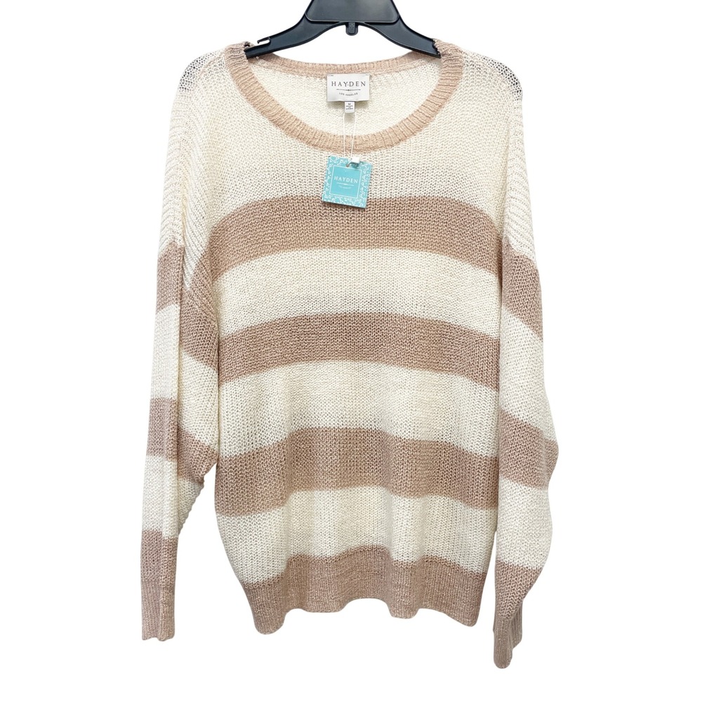 Hayden Los Angeles Tan Striped Open Knit Crew Neck‎ Relaxed Sweater Size M